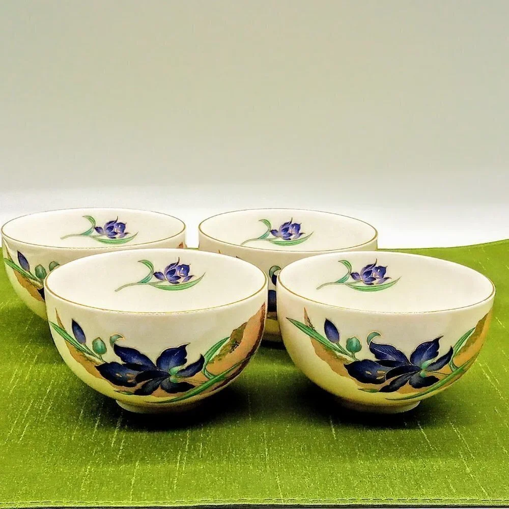 Set of 4 Japanese White Porcelain Hand-Painted Purple Orchid Gold Rim Cups